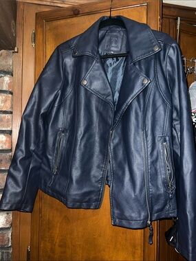 Max Studio Navy Blue Leather Moto Jacket